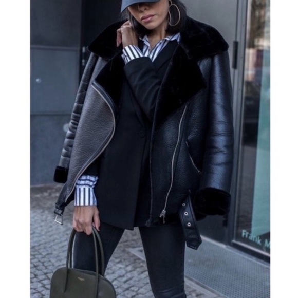 ZARA Black Faux Leather Fur Funnel Neck Moto Aviator Jacket Coat - Picture 12 of 16